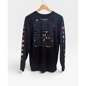 Pac-Man Long Sleeve T Shirt Mens Black Graphic Back Sleeve Print Video Game Tee